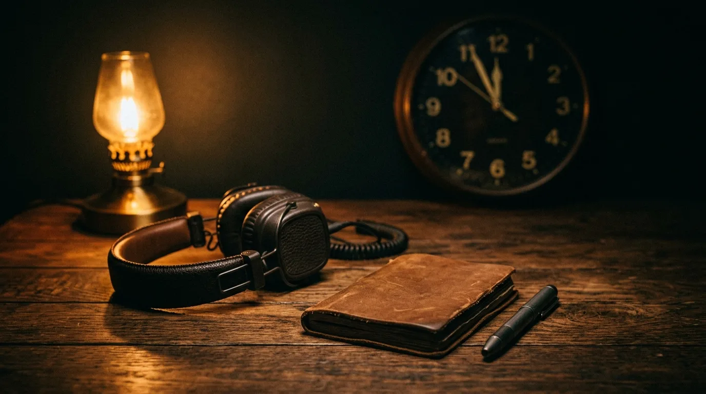 A notebook, pen, and headphones on a dark desk lit by a single lamp at midnight