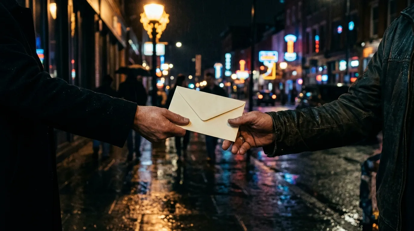 Two hands exchanging a sealed envelope on a rain-lit city street at night