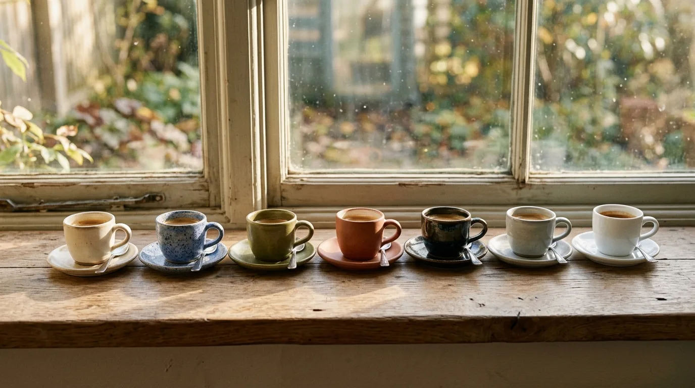 Seven coffee cups lined up on a sunlit windowsill representing a week of daily habit