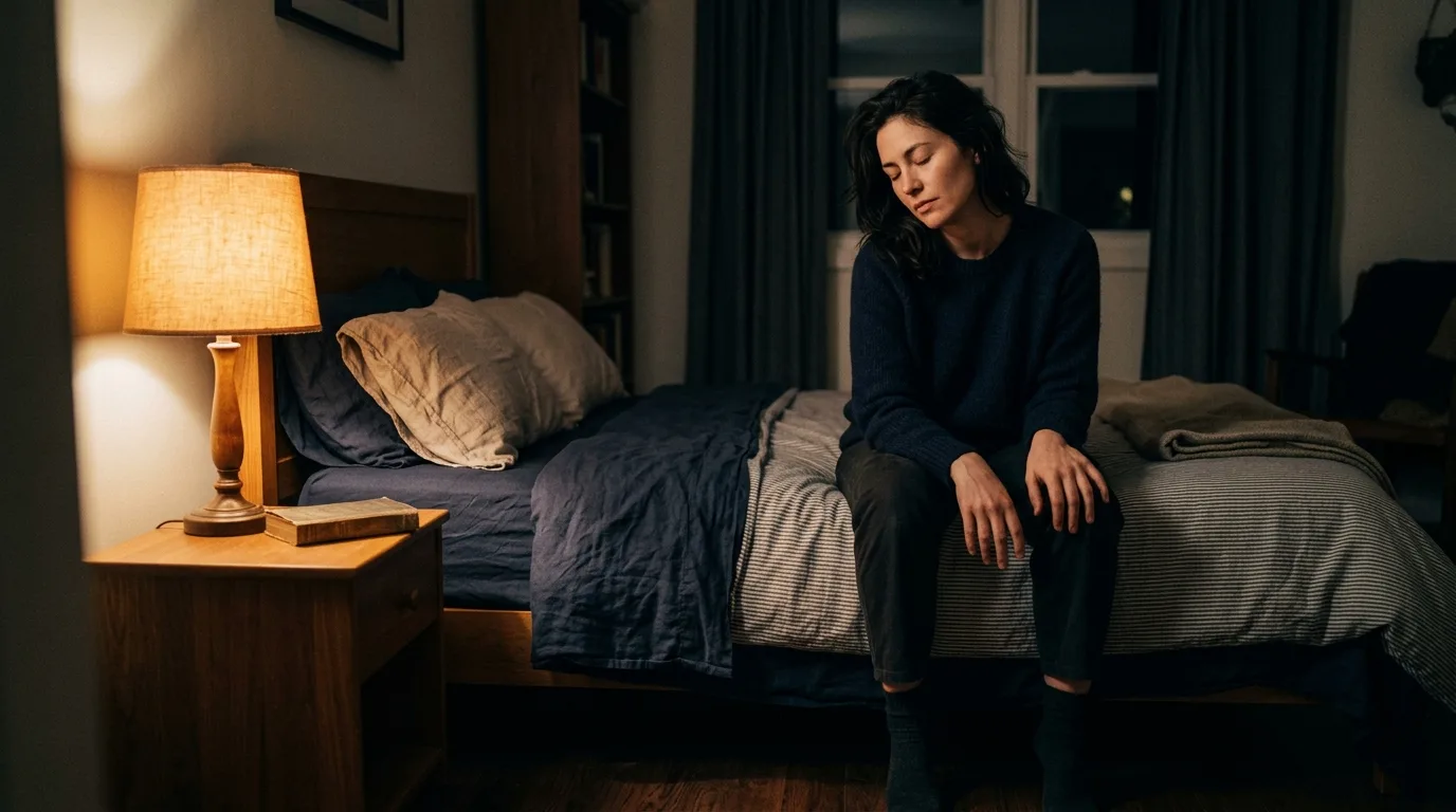 A person sitting on the edge of a bed in dim evening light, hands resting quietly in their lap
