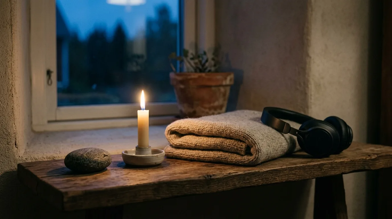 A small collection of quiet objects — a stone, a candle, headphones — arranged on a wooden shelf