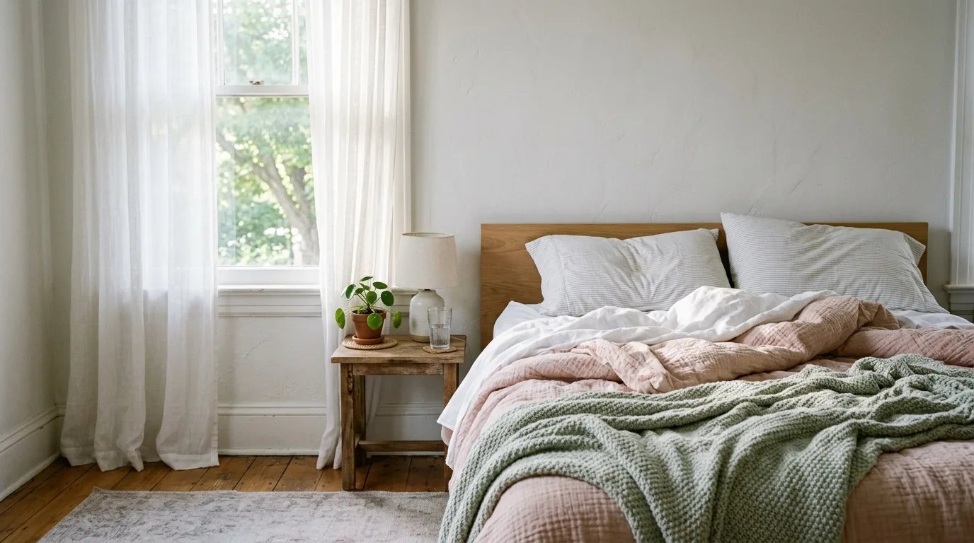 An empty, rumpled bed at dawn with soft morning light coming through a curtain
