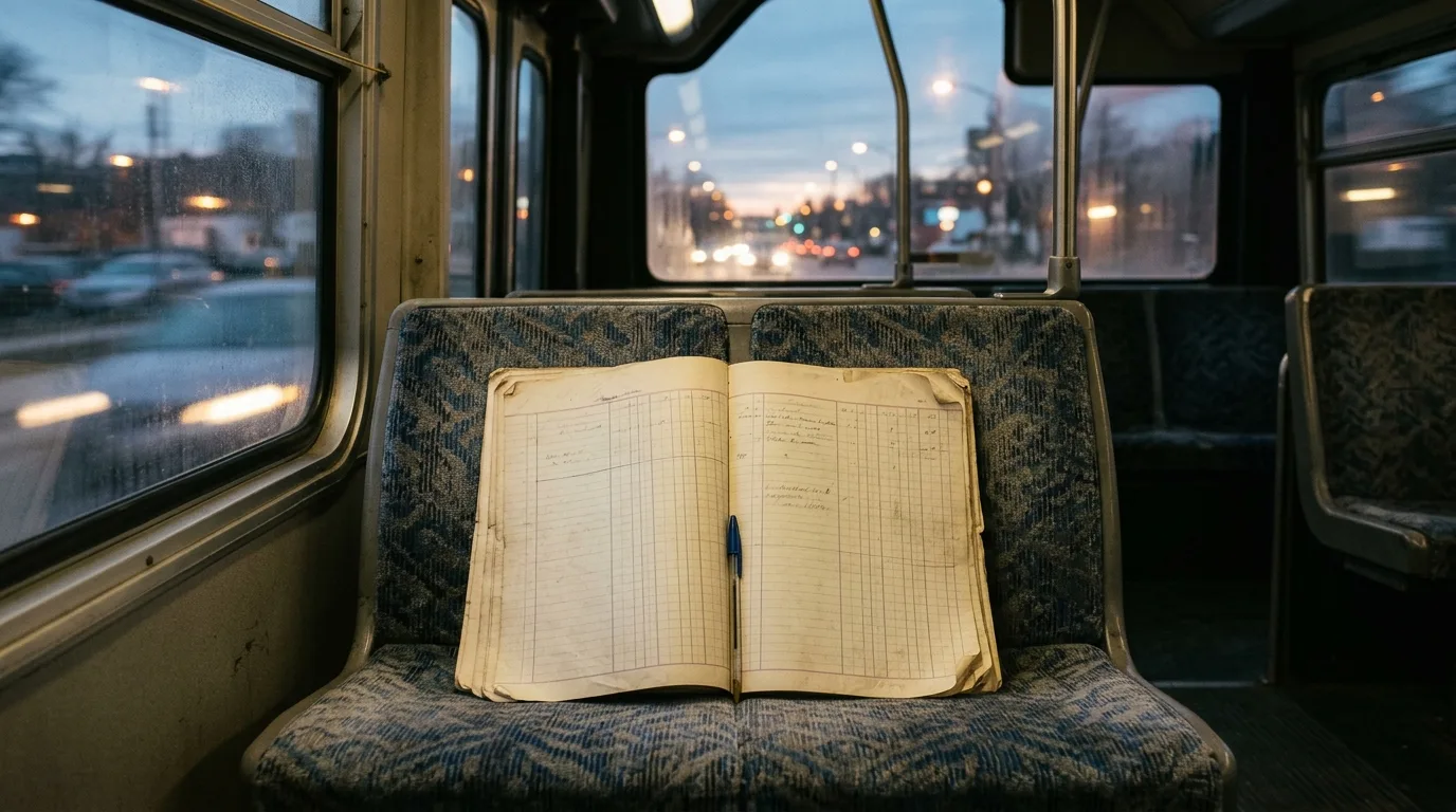 An abandoned ledger with faint grid lines sits alone on an empty bus seat at dusk