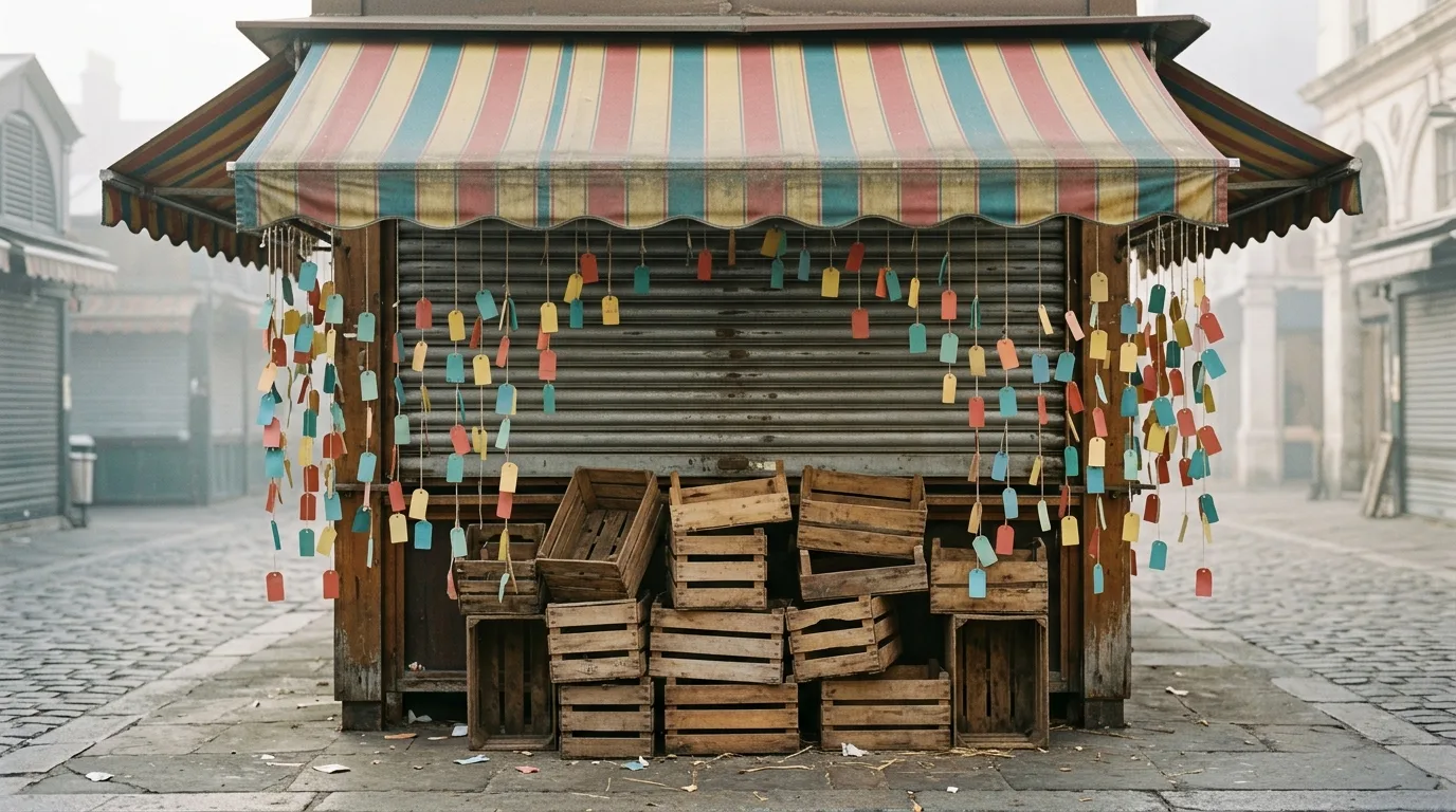 Shuttered market stall at dawn with scattered paper price tags fluttering, symbolizing scattered alerts