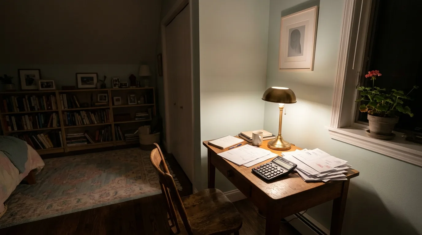 A quiet desk corner at night with statements and a calculator left exactly as someone set them down