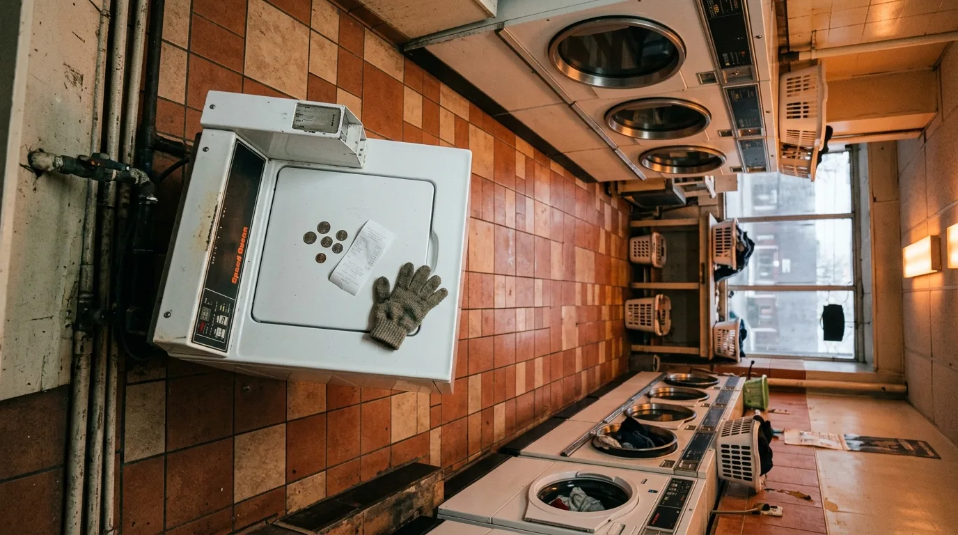 Overhead view of a launderette counter with coins and a folded receipt left behind, no people present