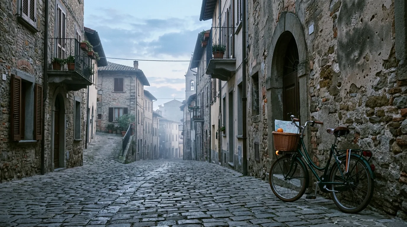 A bicycle with a woven basket parked on a cobbled street at dawn, small within a wide, misty frame