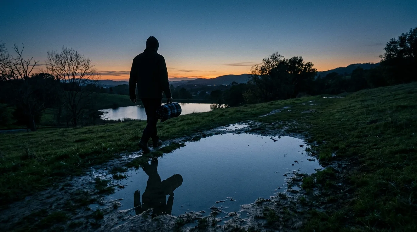 A half-packed picnic blanket at dusk with a person's silhouette faintly reflected in a nearby puddle
