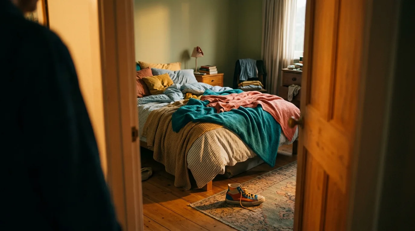 A rumpled blanket and a single sneaker in a sunlit bedroom doorway, seen softly out of focus
