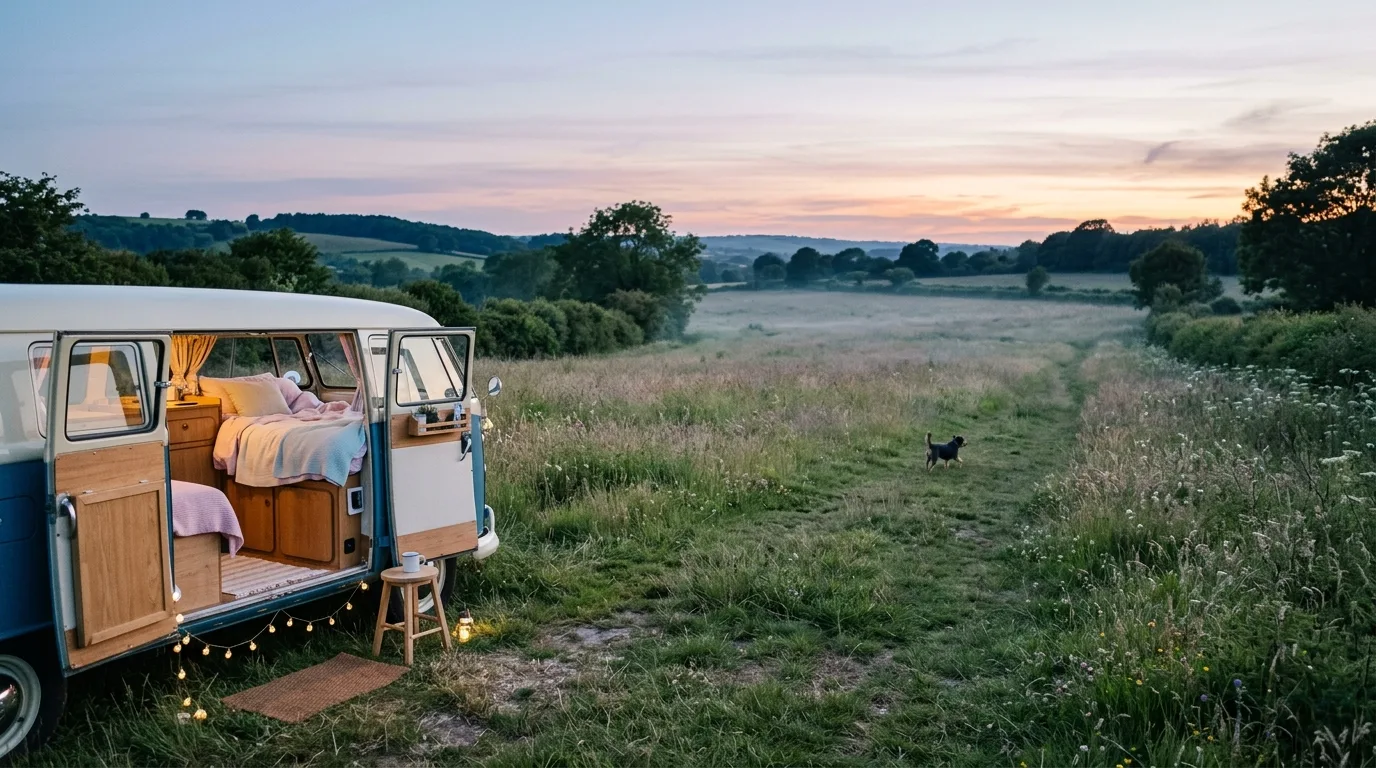 A camper van door open onto a quiet field at blue hour, a small dog trotting past in the distance