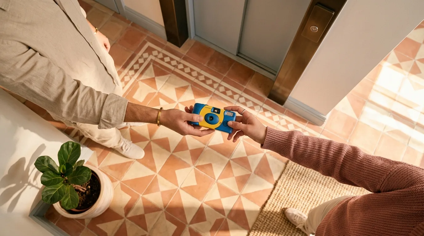 Hands passing a small disposable-style camera between two people in an apartment lift lobby, seen from directly above