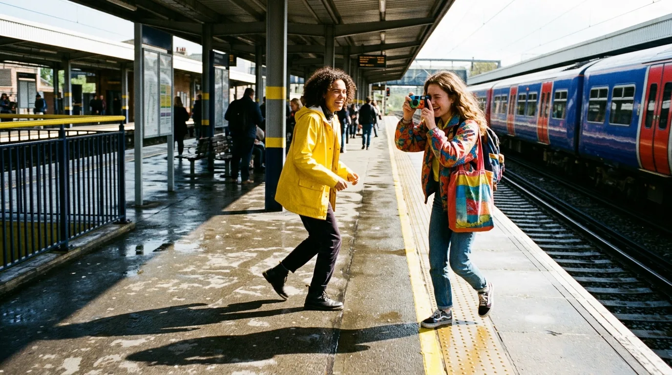 Two friends rushing along a rain-soaked train platform, one lifting a small camera to capture the moment