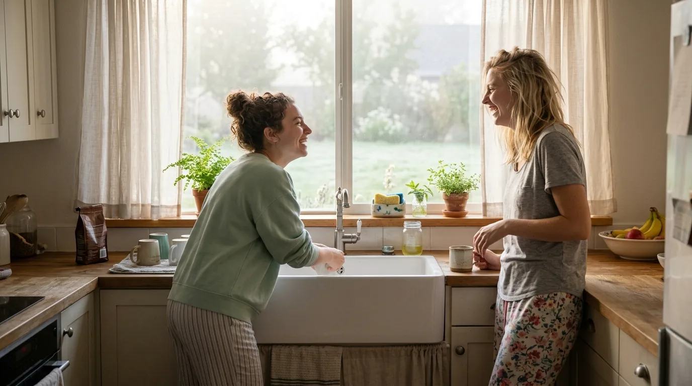 Two friends in a kitchen the morning after a night out, caught mid-motion in soft early light