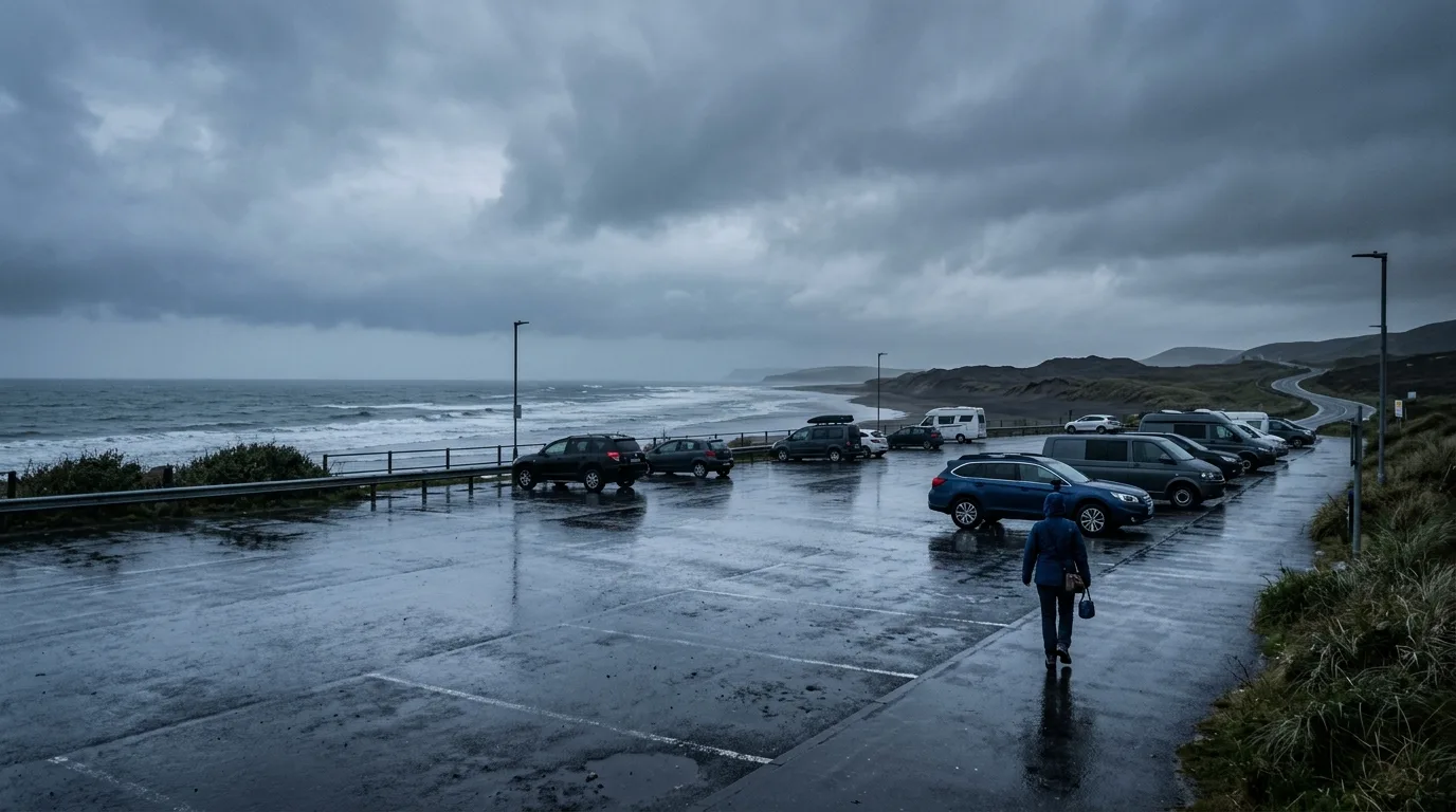 A parent walks alone across a rain-slicked beach car park at dusk, leaving toward the road