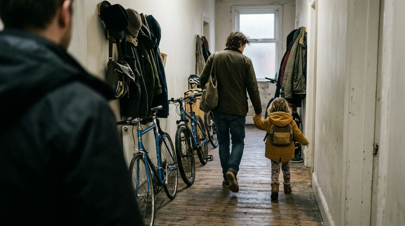 A parent and child move quickly through a hallway lined with bikes and coats, caught mid-motion