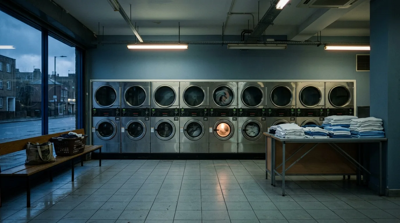 An empty launderette at blue hour, machines running with no one inside