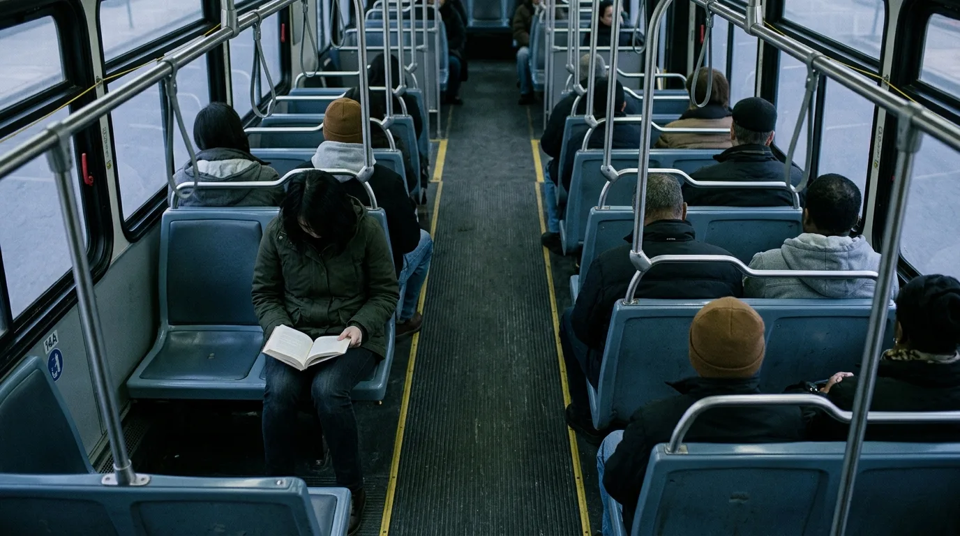 Overhead view of a bus aisle at dusk, one commuter reading while others sit blankly still