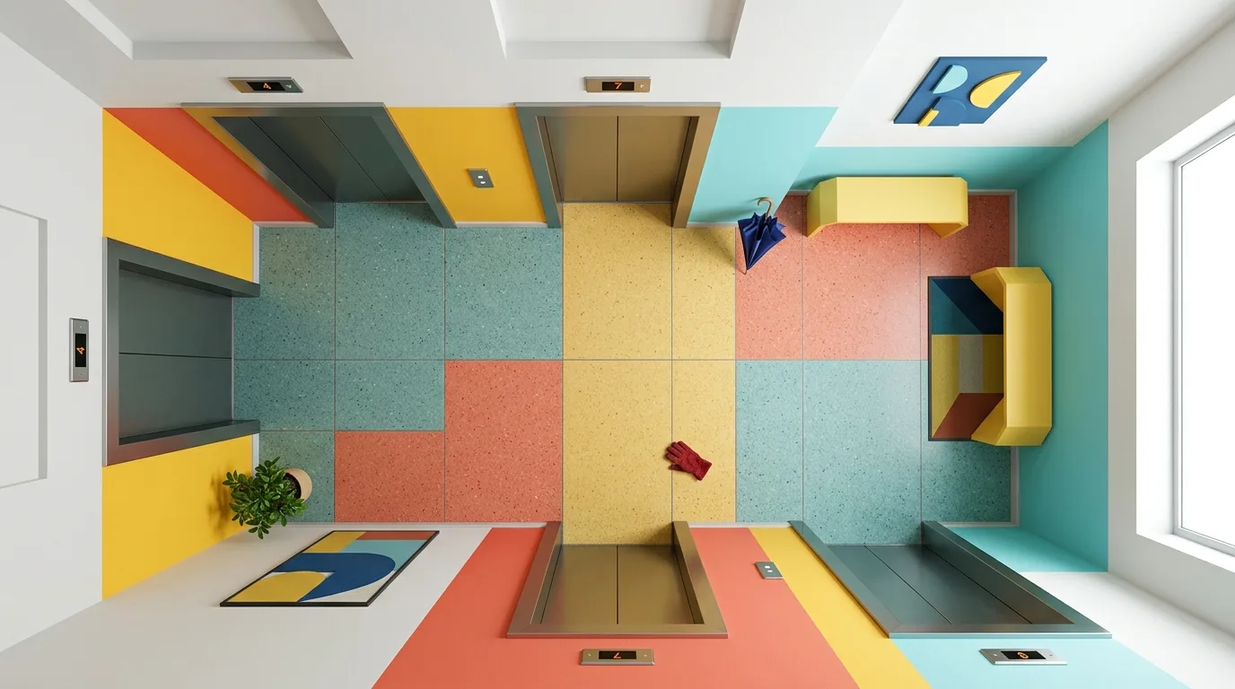 Overhead view of an empty apartment lift lobby with only small traces of daily life visible