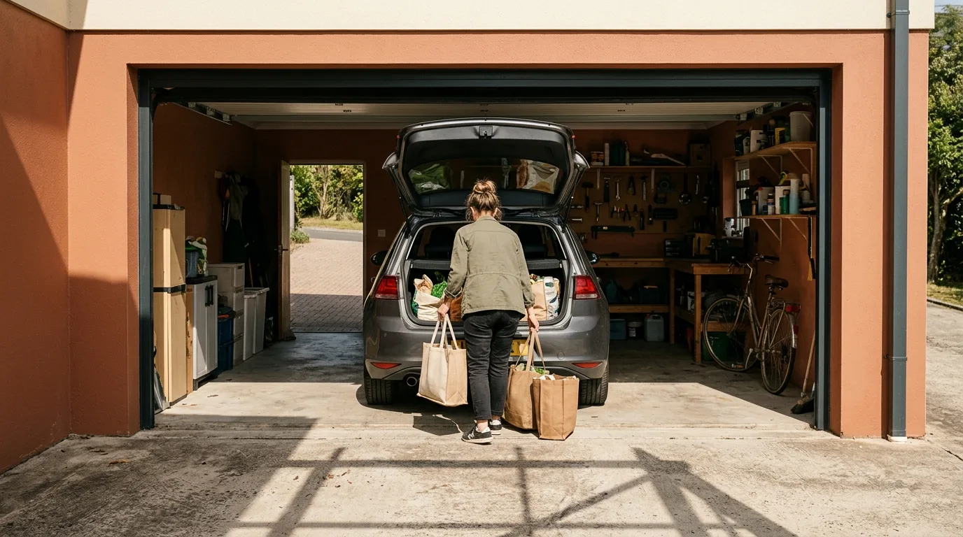 A person unloading bags from an open car boot in a sunlit garage, framed symmetrically