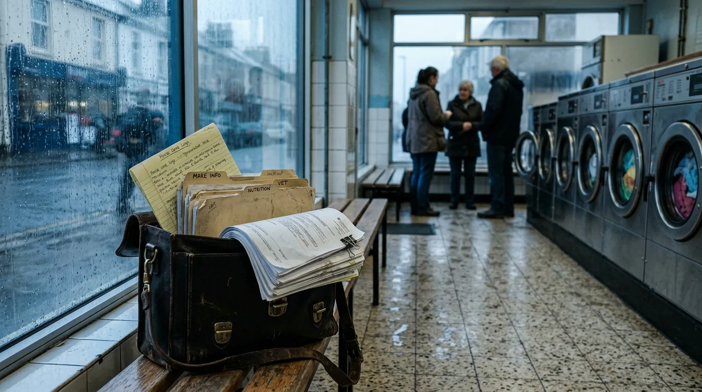 Grey launderette afternoon, folded stable ledger and vet papers on a bench, diagonal composition