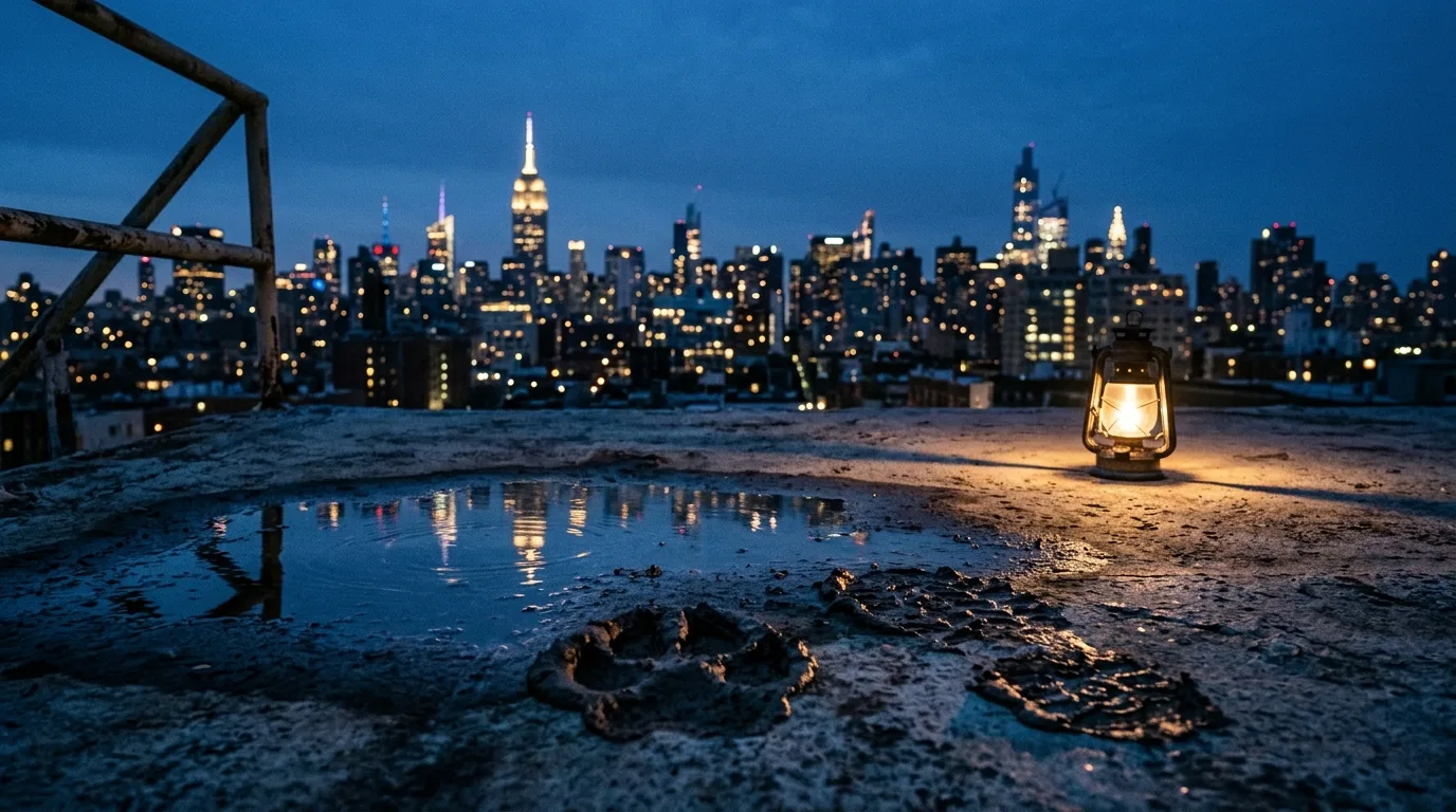 Puddle on a rooftop reflects city lights at dusk beside a fresh hoofprint and lantern glow