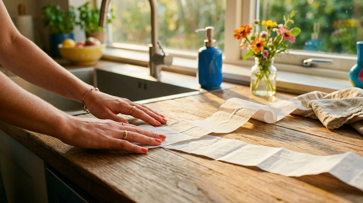 Hands sorting a paper receipt on a kitchen counter in morning light