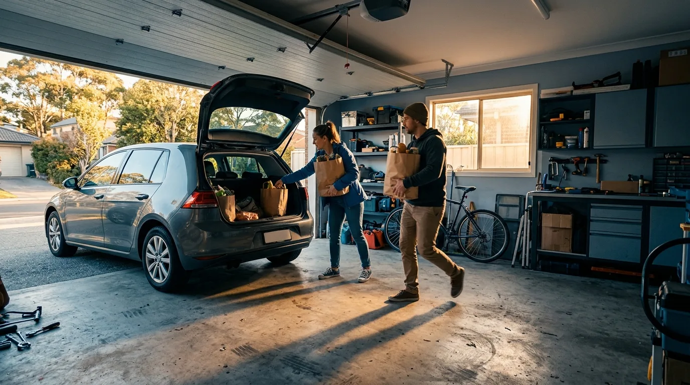 Two people mid-motion unloading grocery bags from a car boot in a garage