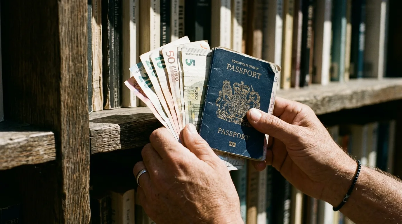 Travel currency notes and a passport propped along a bookshelf edge in hard sunlight