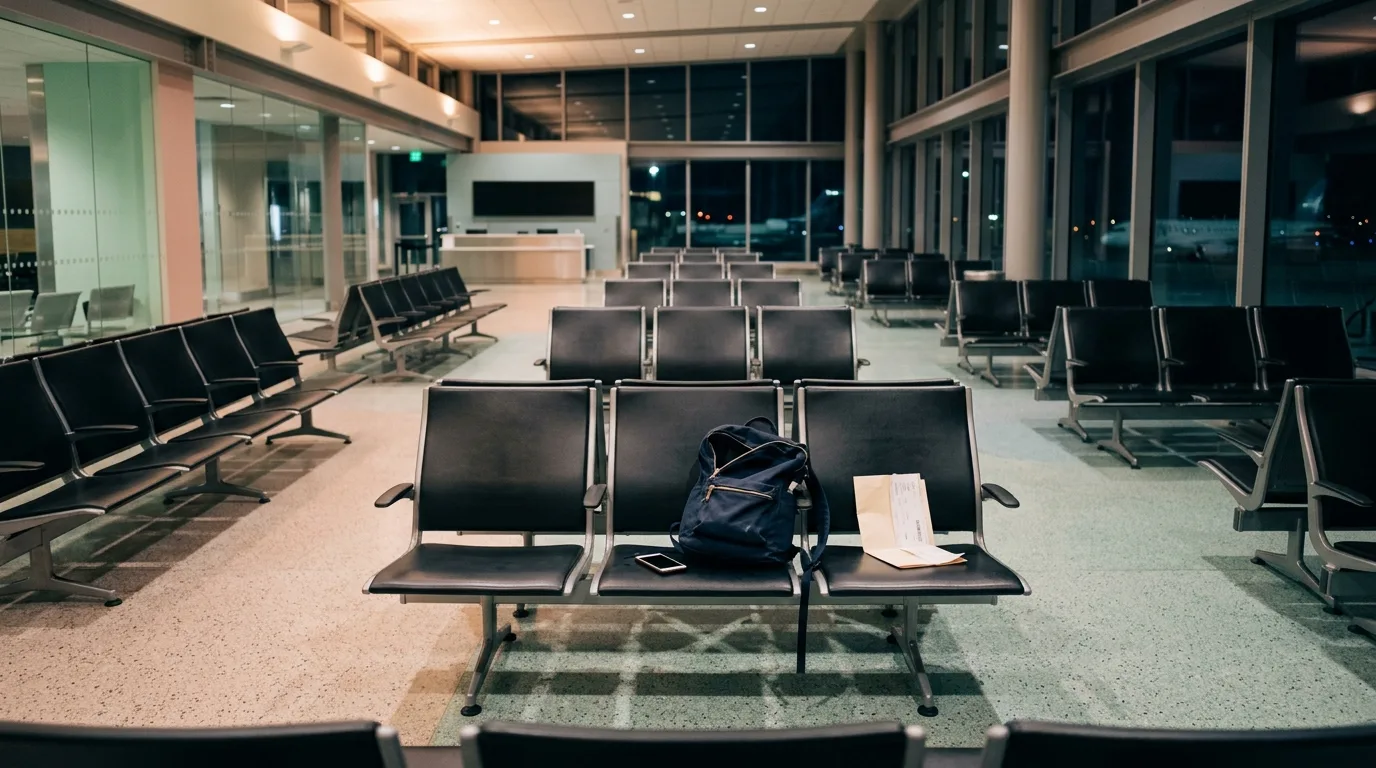 A phone lies face-down on an empty airport bench beside a backpack under warm lamplight, no one around