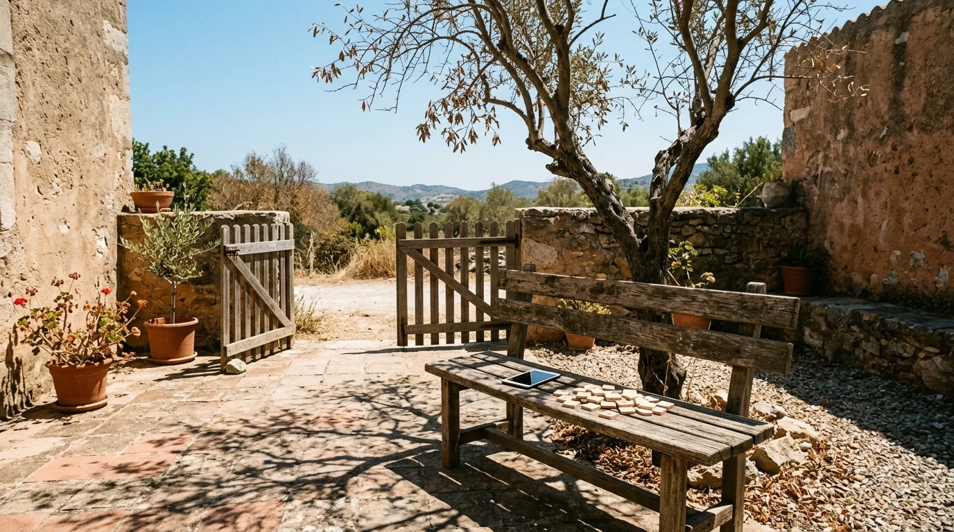 Sunlit courtyard bench with a phone face-down and scattered wooden letter tiles, gate open with no barrier