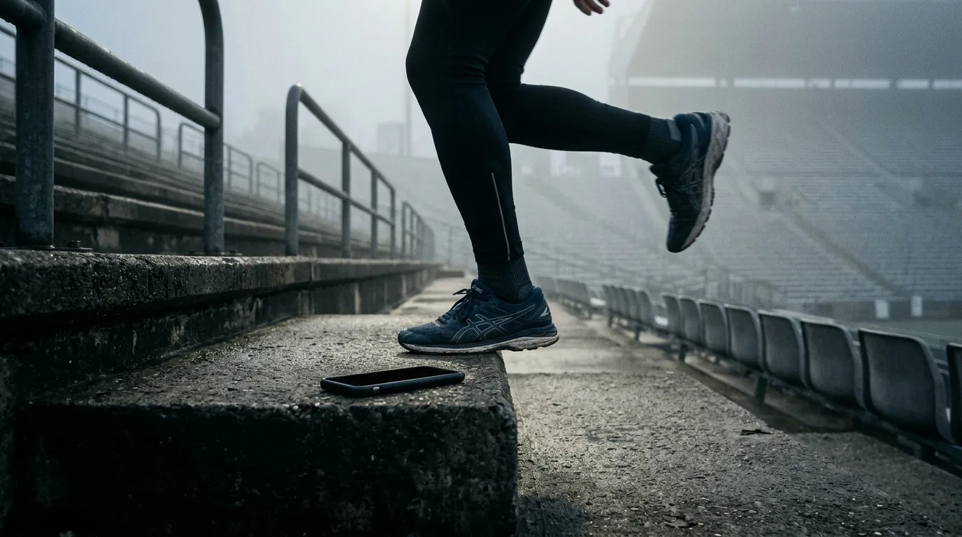 Runner pauses on a foggy stadium track stair, phone face-down, mid-stride energy frozen