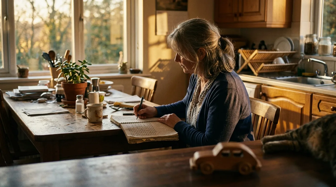 Someone writing in a worn notebook at a kitchen table while a child plays in the blurred foreground
