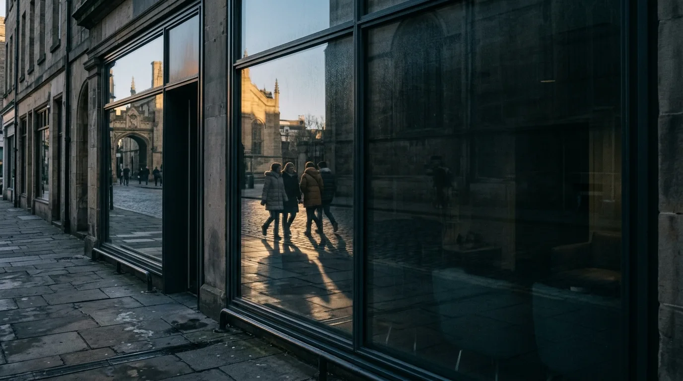 Distant reflection of family members walking through a clinic entrance, seen in a glass window