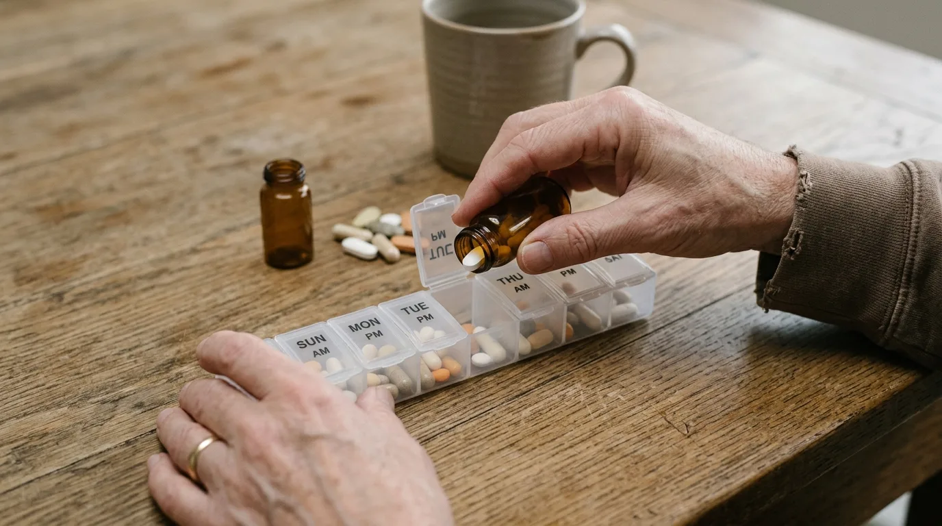 Hands arranging medication into a weekly pill organizer, cropped at the wrist