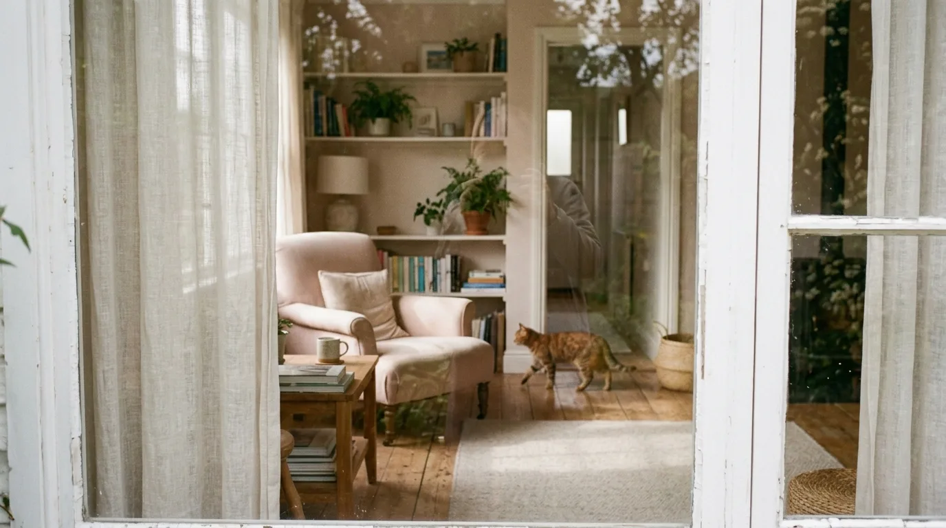 A cat crossing a sunlit room, faintly reflected in a window pane beside soft curtains