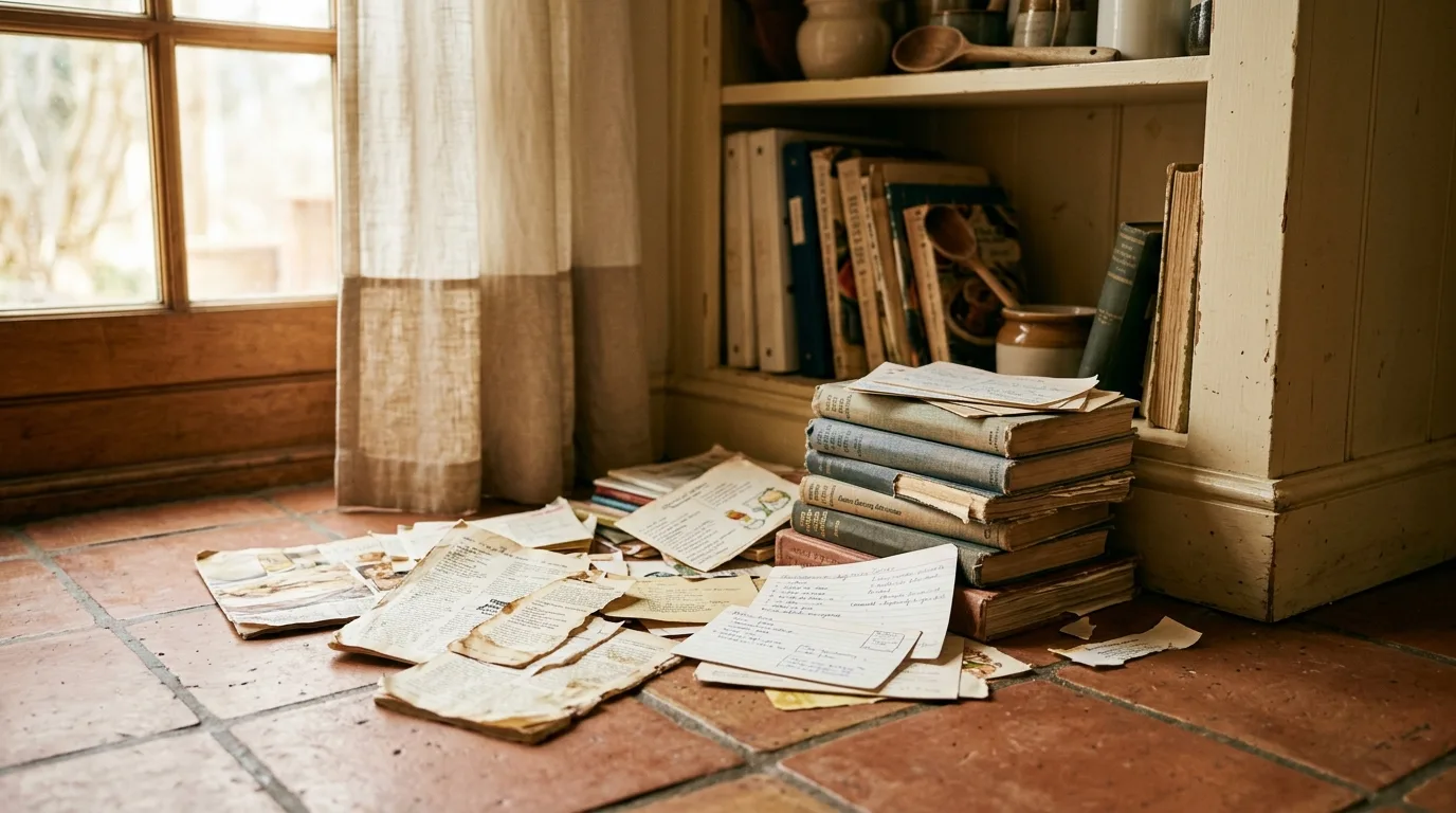 Torn recipe clippings and printed cards scattered near a cookbook shelf, low angle, warm light