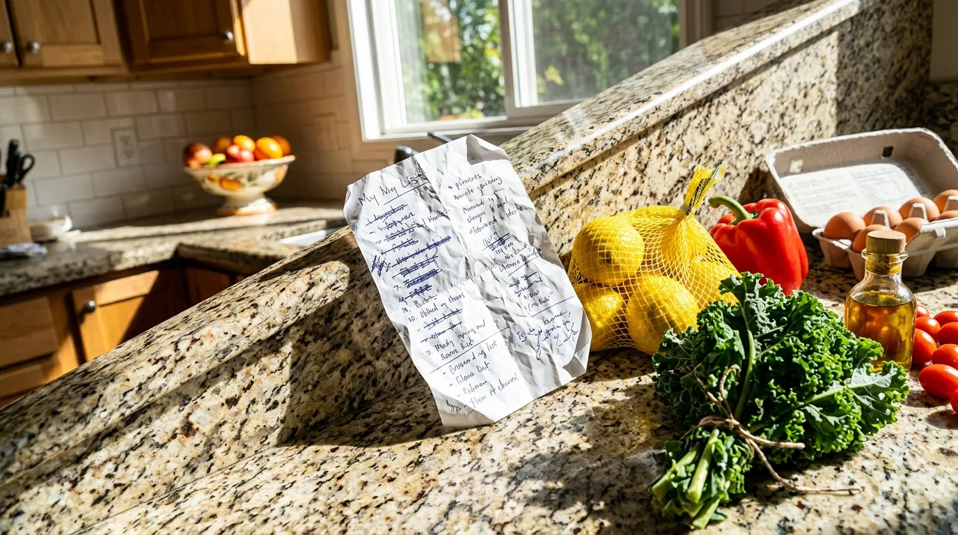A crumpled paper grocery list on a counter with sharp diagonal shadows