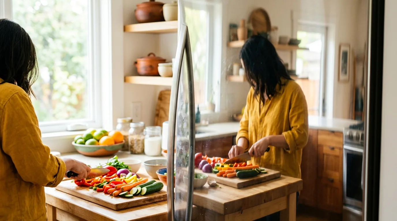 A cook reflected in a stainless steel surface while working with colorful ingredients