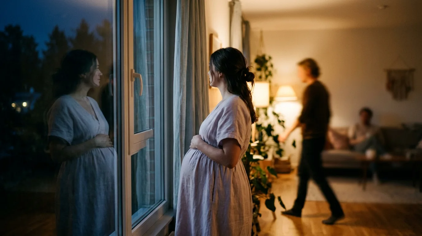 A pregnant woman's silhouette reflected in a nighttime window as she pauses in a lamplit room