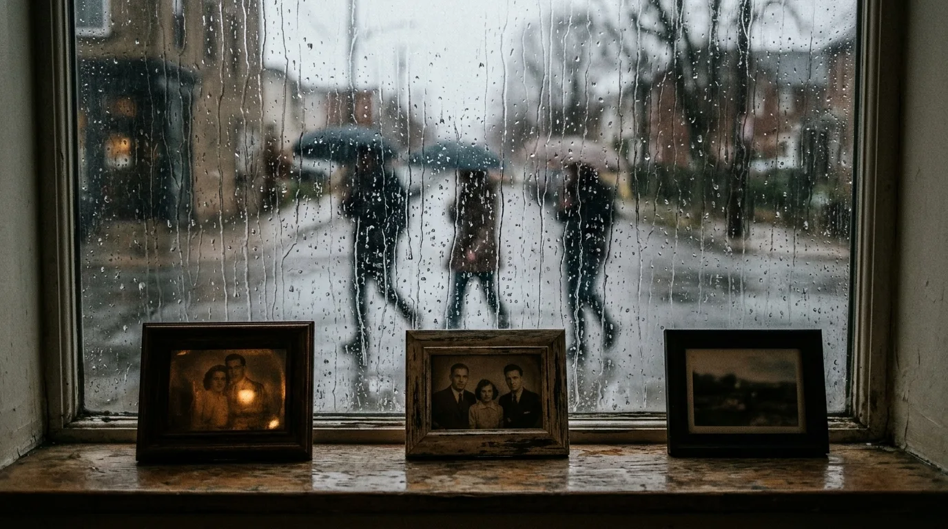 A tight, rain-streaked view of a windowsill with framed photographs, blurred figures visible through the glass
