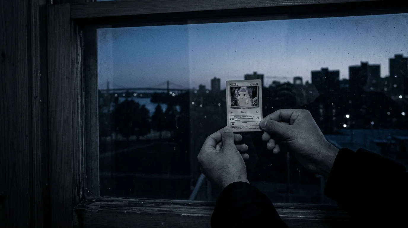 Two hands holding a single Pokémon card up to a window at dusk, the reflection visible in the glass