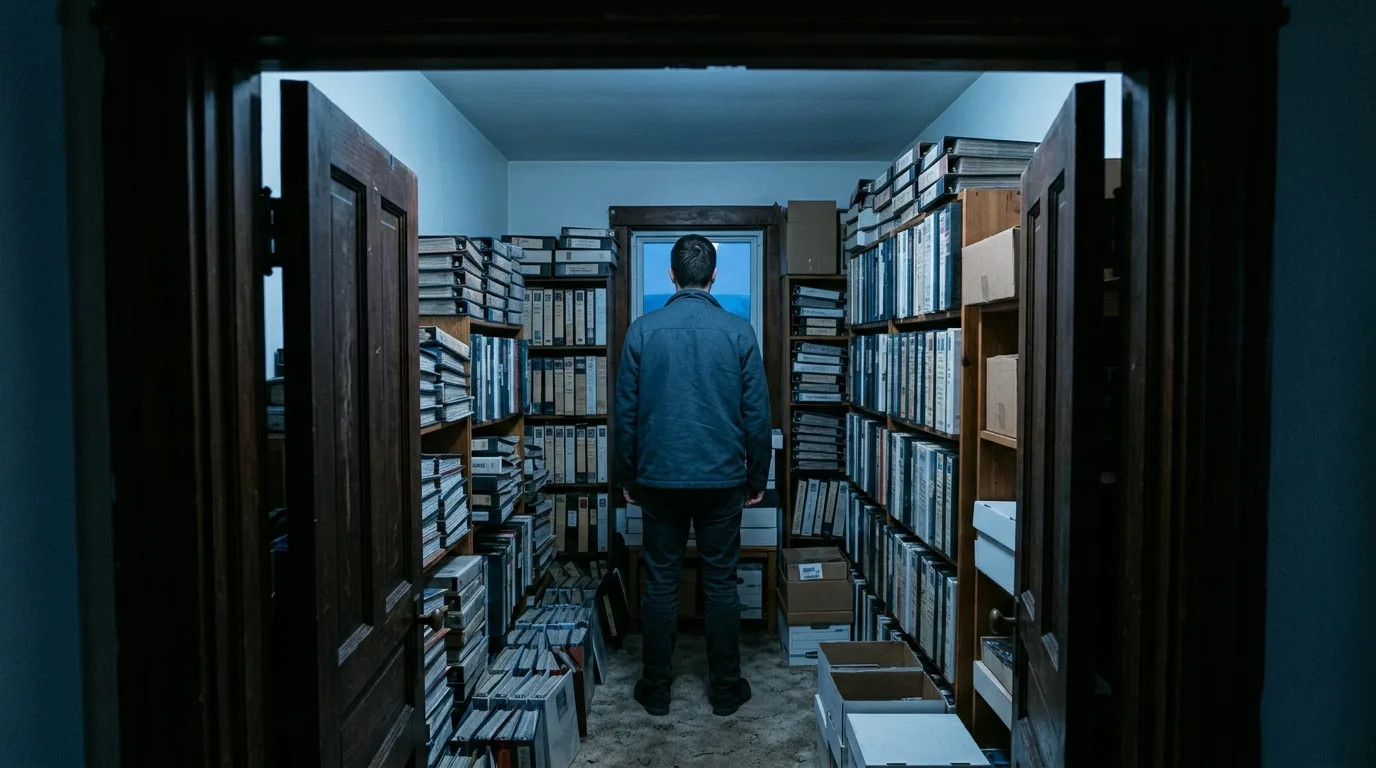 A person seen from behind through a doorway, standing in a room lined with stacked card binders at dusk