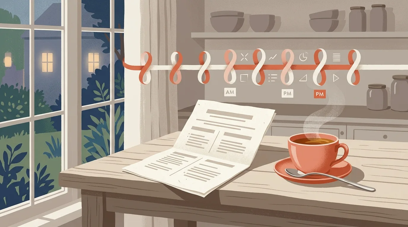 Editorial illustration of a parenting plan on a quiet kitchen table with a dual-color schedule ribbon