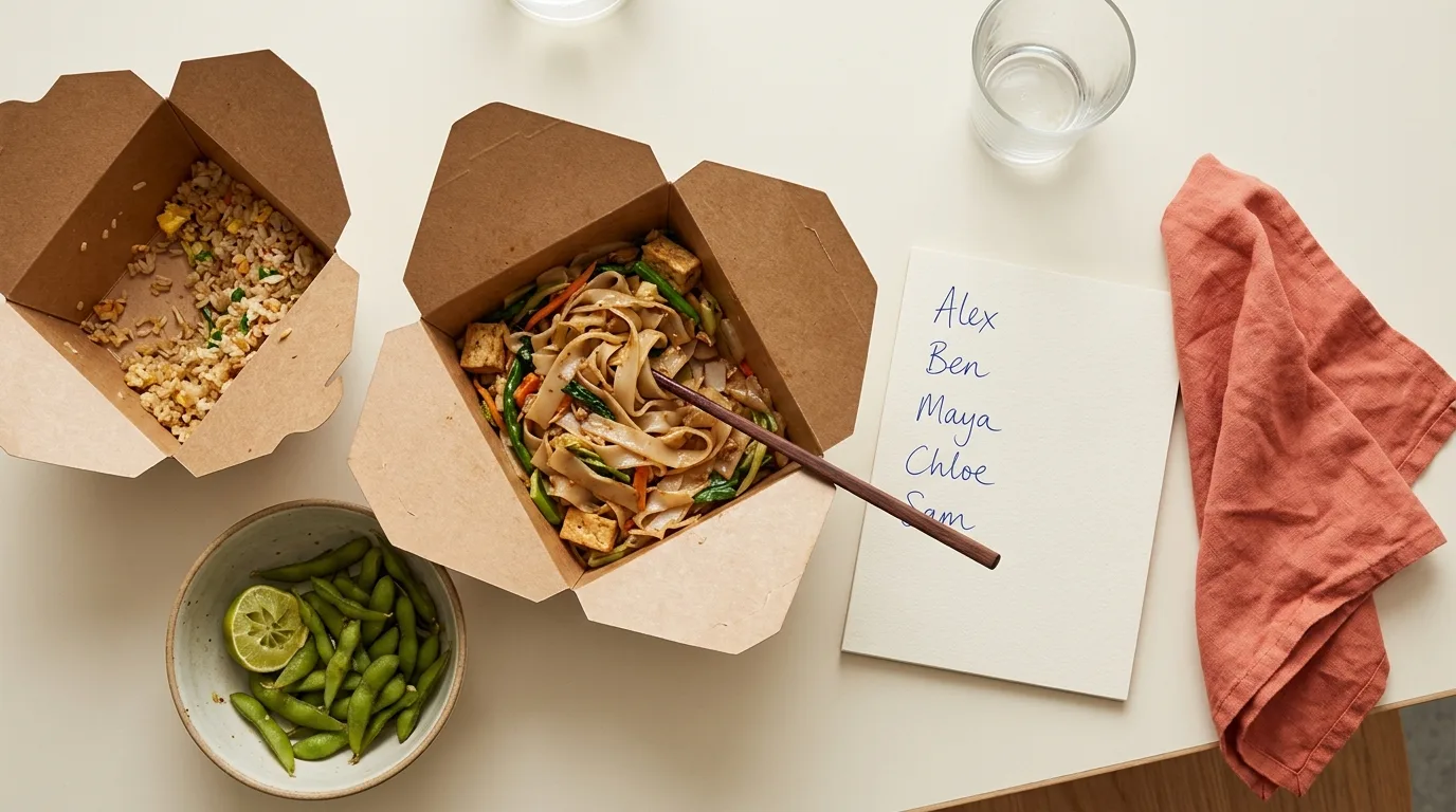 Open takeout boxes with leftover noodles and a shared side beside a notepad with handwritten first names and a folded coral napkin