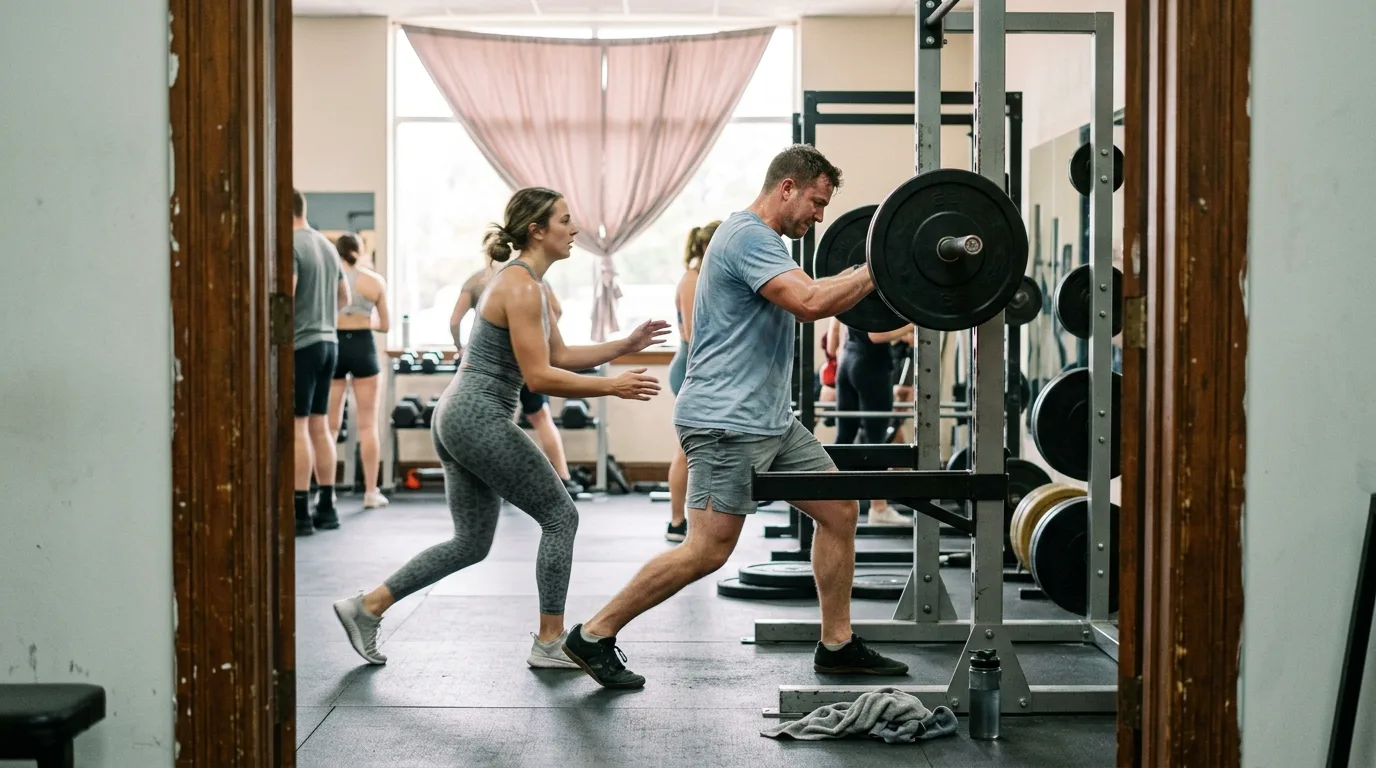 Two lifters mid-motion at a bench press station, seen through a gym doorway
