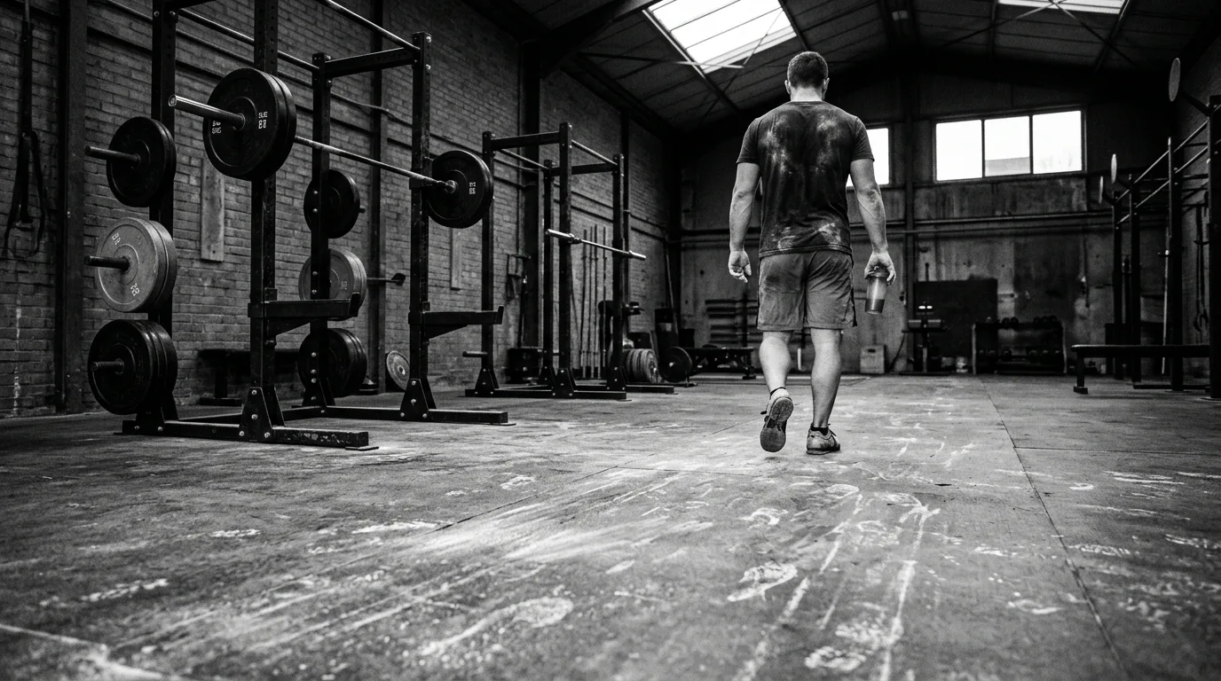 A lifter walking away from a barbell rack across a gym floor, shot low and wide