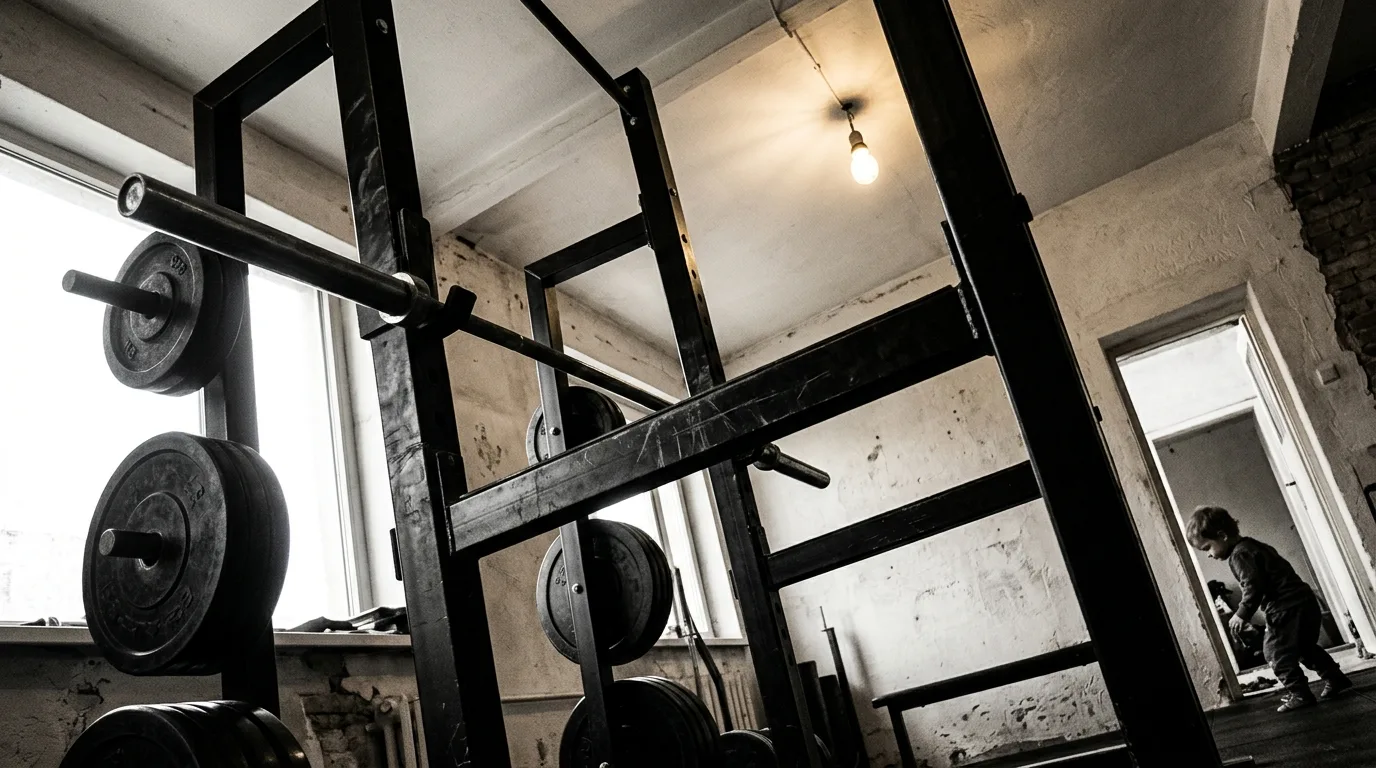 A squat rack in a home gym, chalk dust in the air, a child incidental in the background