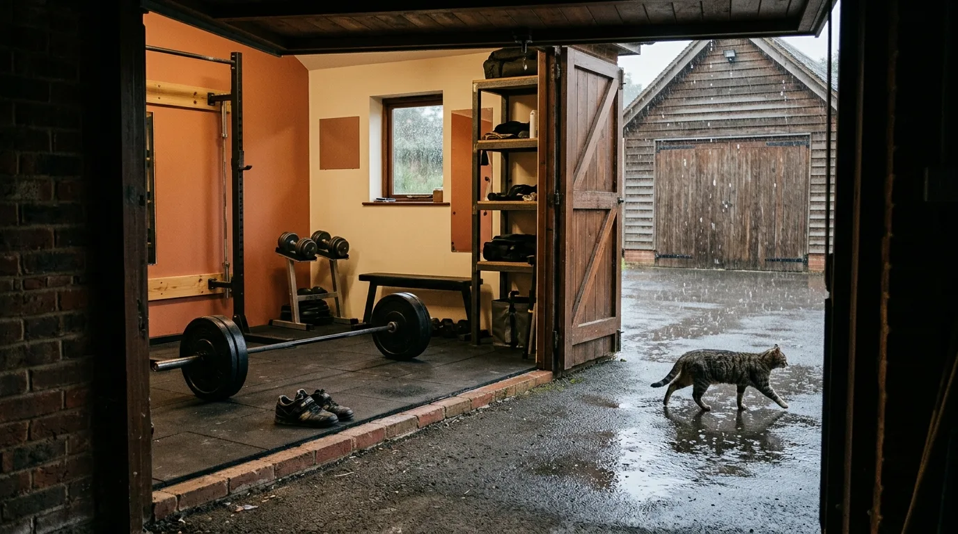 A home garage gym seen through an open doorway on a rainy day, a cat wandering past