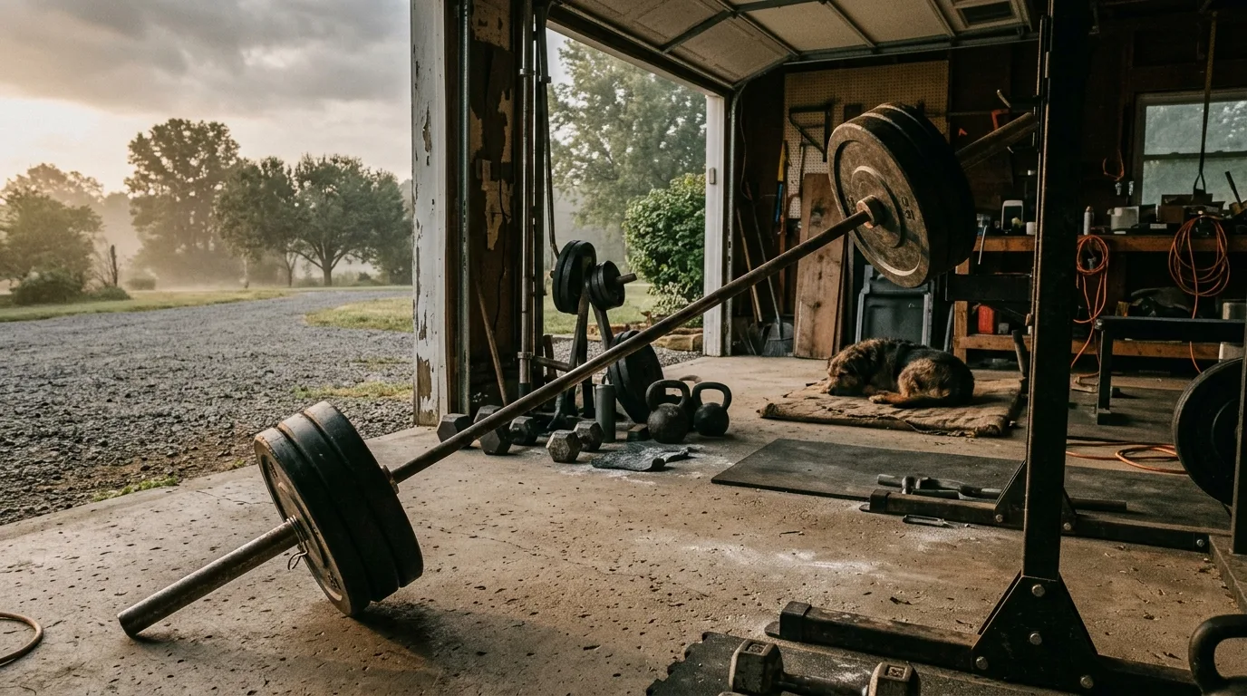 An outdoor garage gym at dawn with a barbell leaning diagonally and a dog crossing through
