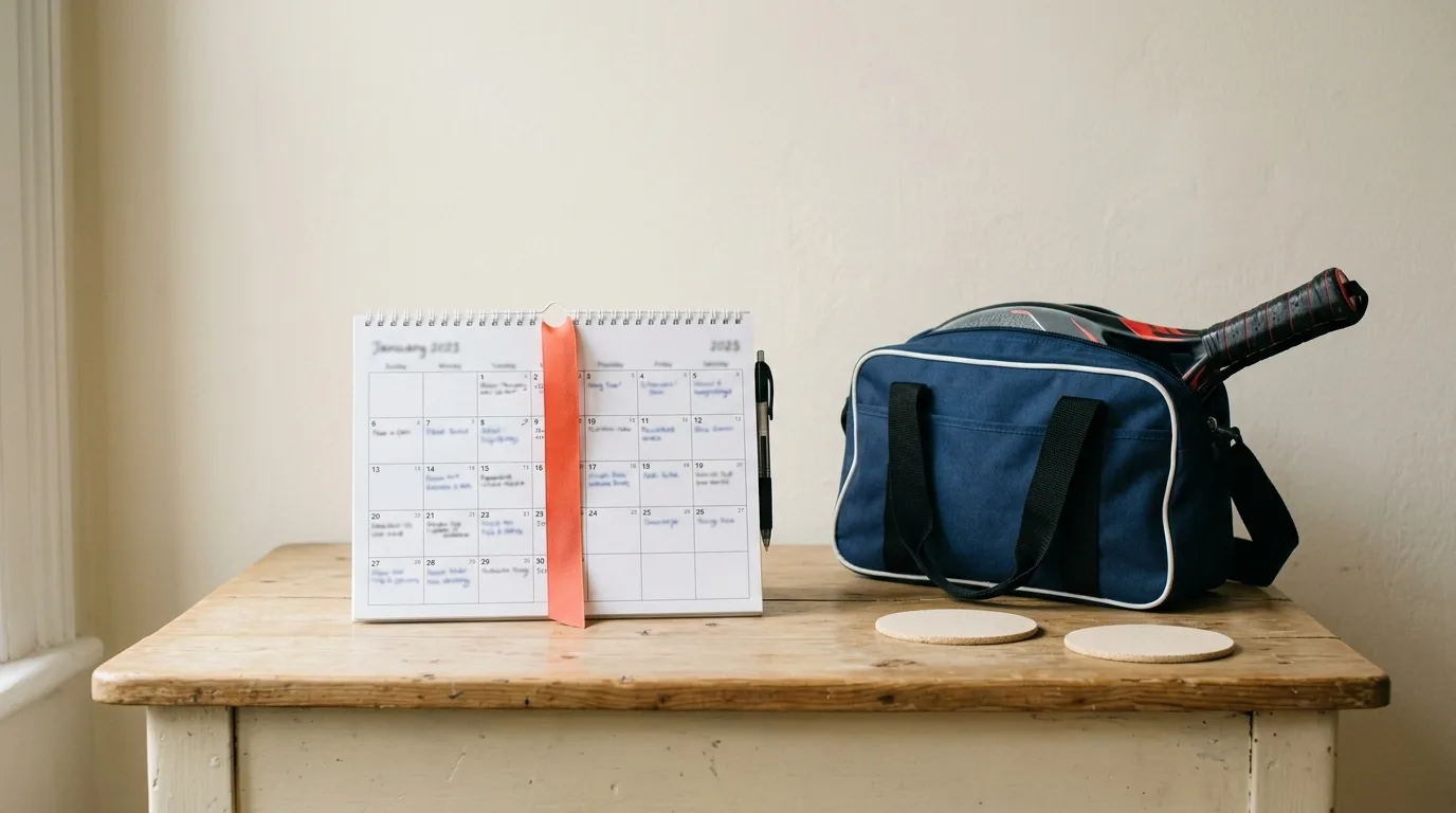 Calendar and shared padel bag suggesting weekly and monthly roommate bills, no readable dates or UI